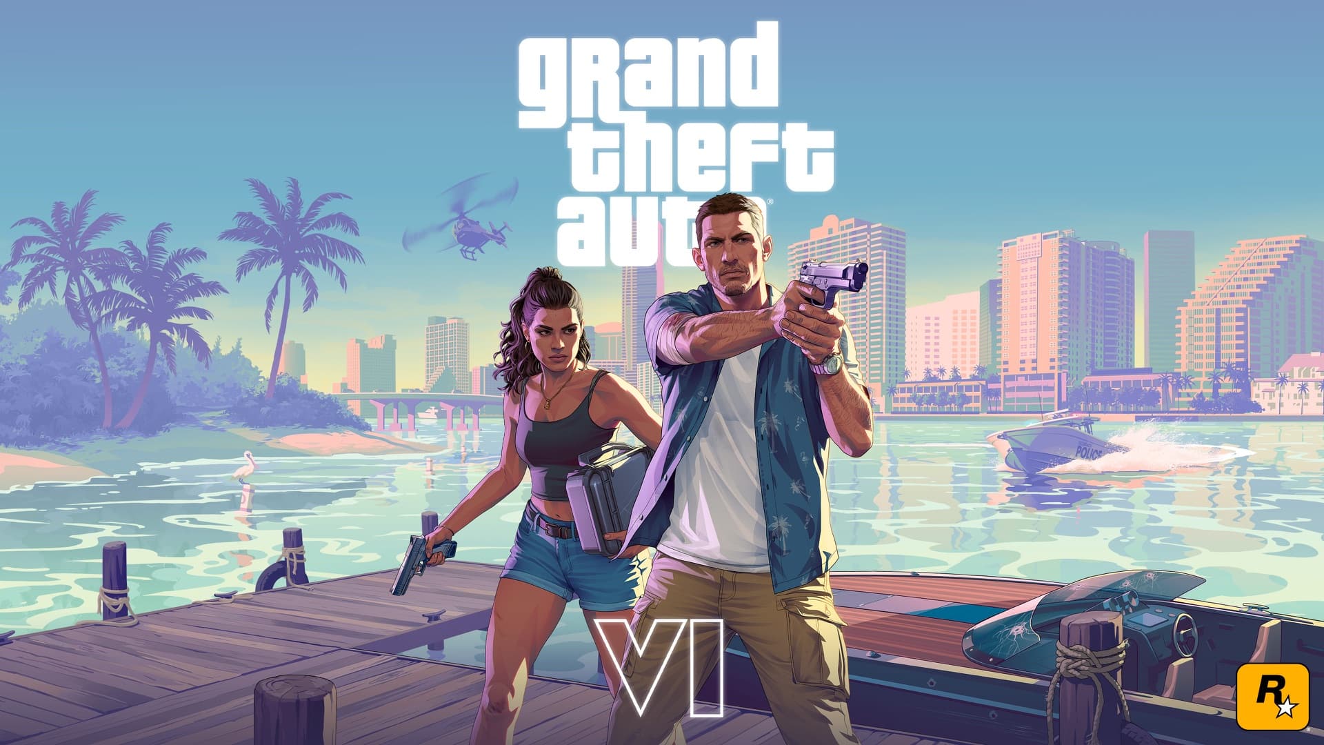Jason And Lucia 02 With Logos Landscape — official GTA VI artwork featuring jason duval, published in Rockstar Games’ downloadable media library.