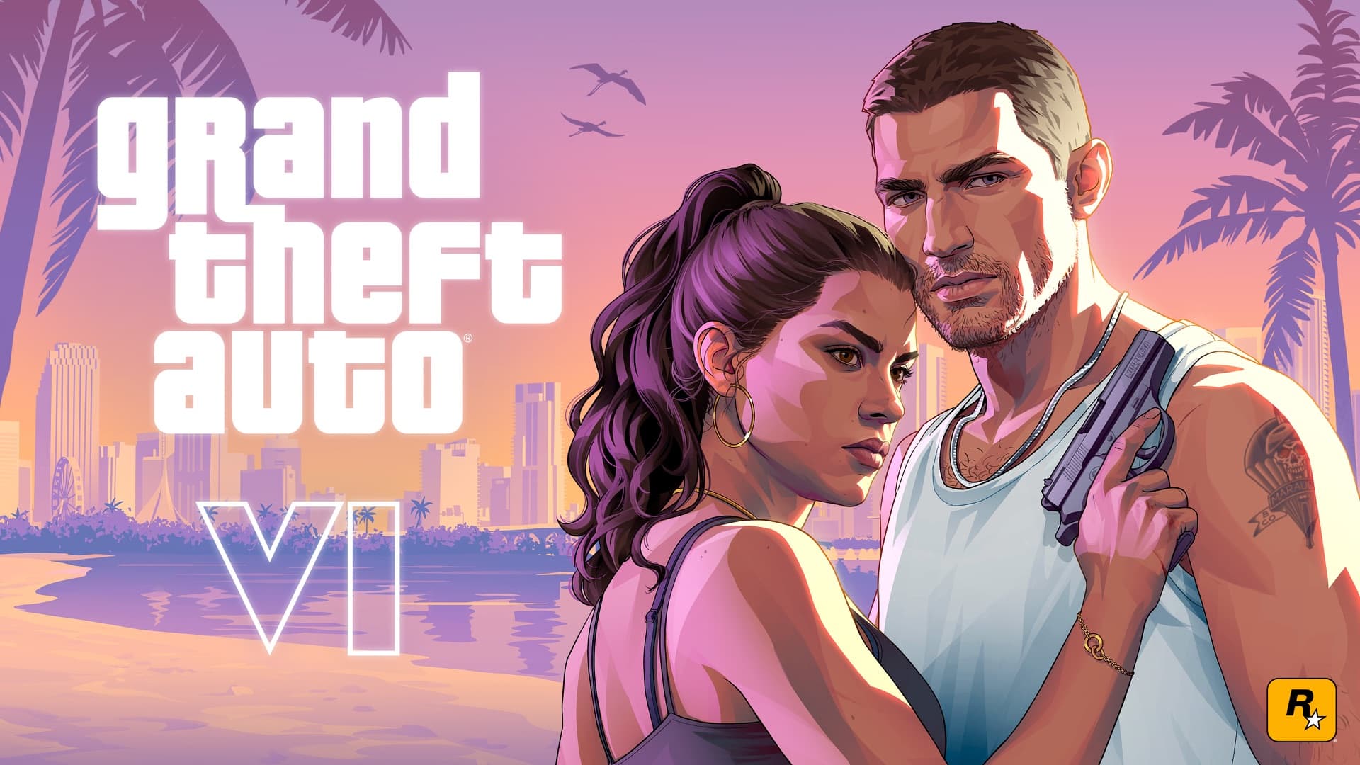 Jason And Lucia Beach With Logos Landscape — official GTA VI artwork featuring jason duval, published in Rockstar Games’ downloadable media library.