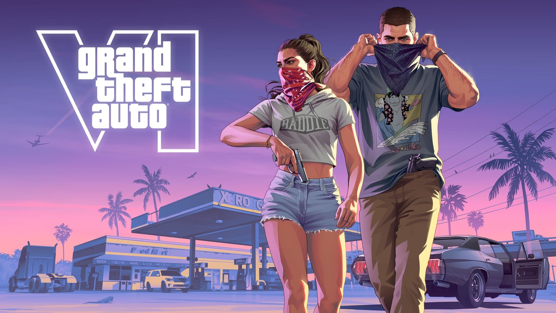 Jason And Lucia Robbery With Logo Landscape — official GTA VI artwork featuring jason duval, published in Rockstar Games’ downloadable media library.
